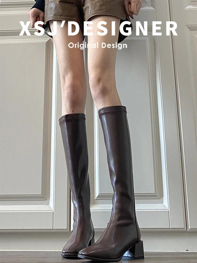 Autumn and Winter Genuine Leather Chunky Heel Long Boots for Women, Slimming High Boots, Over-The-Knee Elastic Soft Leather Slim Boots, Riding Boots