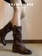 British Style Chunky High-Heeled Boots, Genuine Leather Mid-Calf Boots, Brown Western Cowboy Boots, Mid-Heel Riding Boots, Martin Boots
