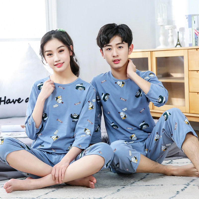 Young people's home clothing men's high school students 12 cotton pajamas set 15-year-old female summer thin children's air conditioning clothing