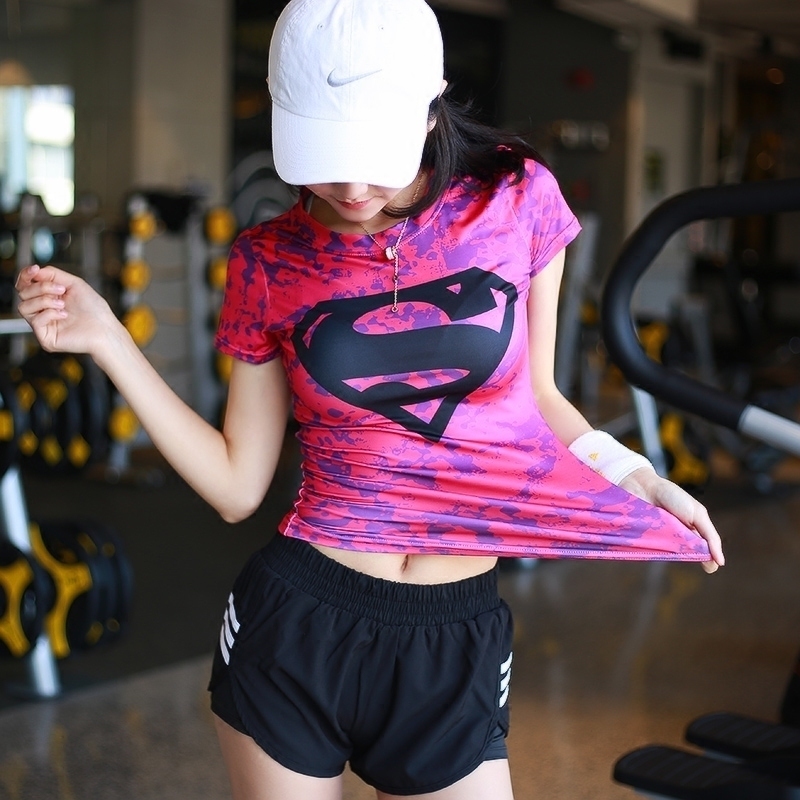 Superman fitness clothing female Captain America tight sports short-sleeved running quick-drying half-sleeve breathable high elastic top to wear outside