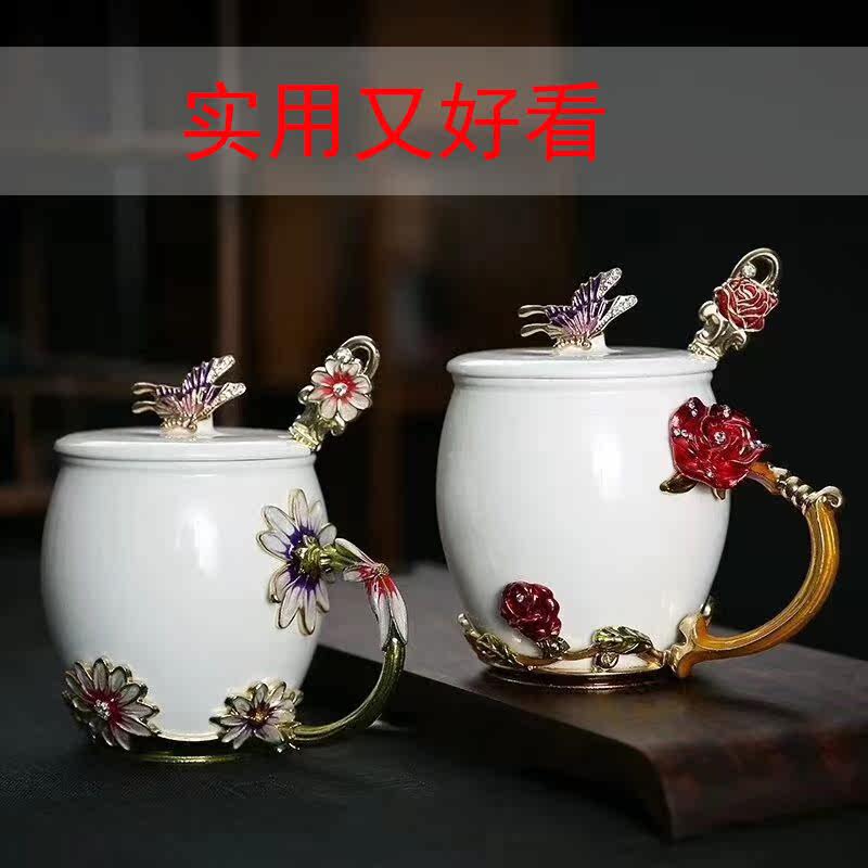 Sheep fat jade white porcelain Enamel ribbon lid spoon mug Flower tea cup Juice cup Coffee cup High temperature ceramic household