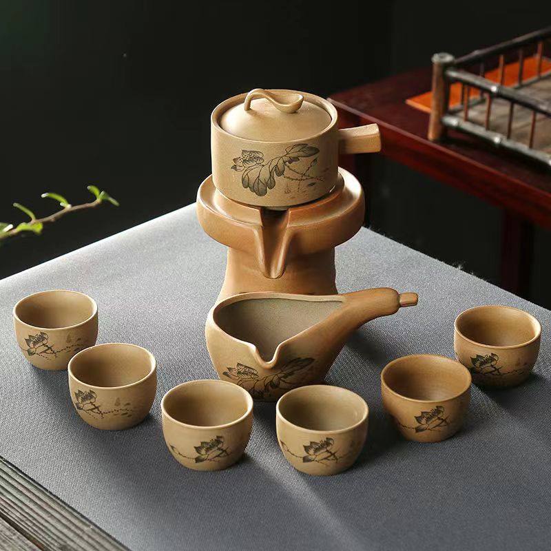 Creative rough pottery stone grinding tea set set 6 pieces lazy automatic tea maker kung fu tea set home simple and modern