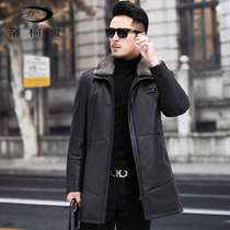 Genuine Leather Mens Matte Sheepskin Down Jacket Lapel Mid Length Mink Collar Warm Winter Windbreaker Jacket