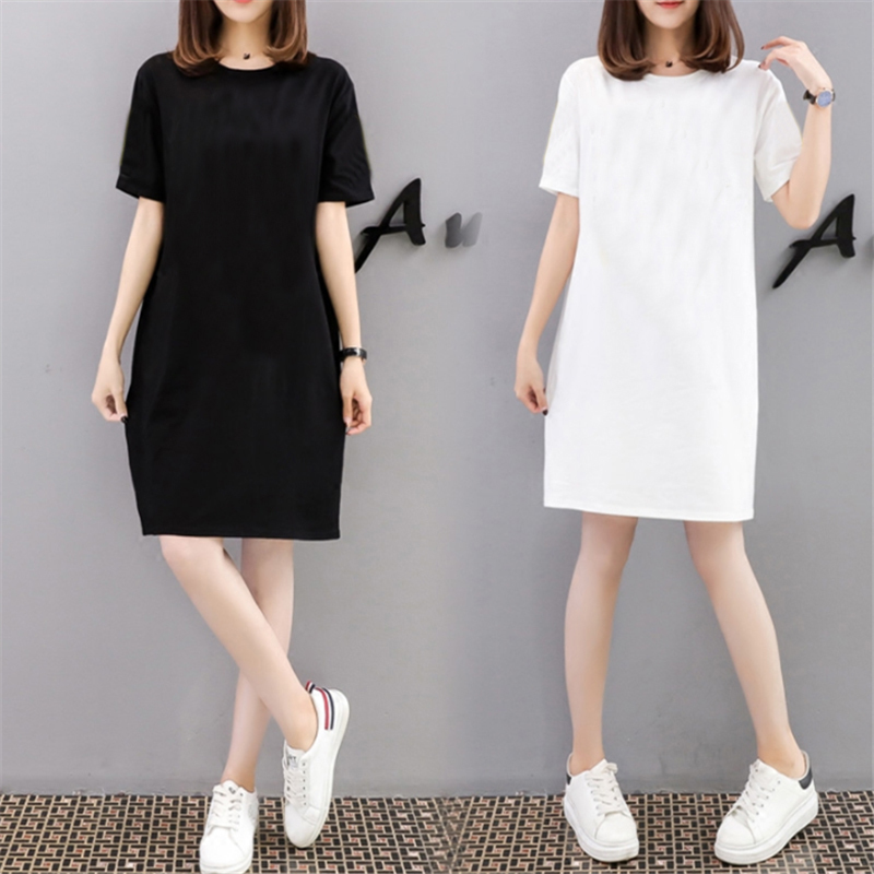 Summer White T-Shirt for Women, Cotton, Korean Style, Loose Fit, Plus Size, Solid Color, Mid-Length, Short-Sleeved Top, Inner Layer, Base Shirt