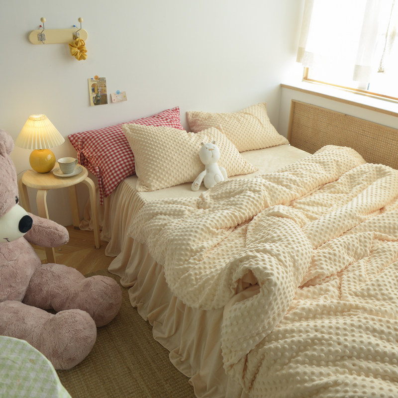 ins autumn and winter warm bean suede bed three-four pieces sleeve thickened double face baby short plush quilt cover blue bed product