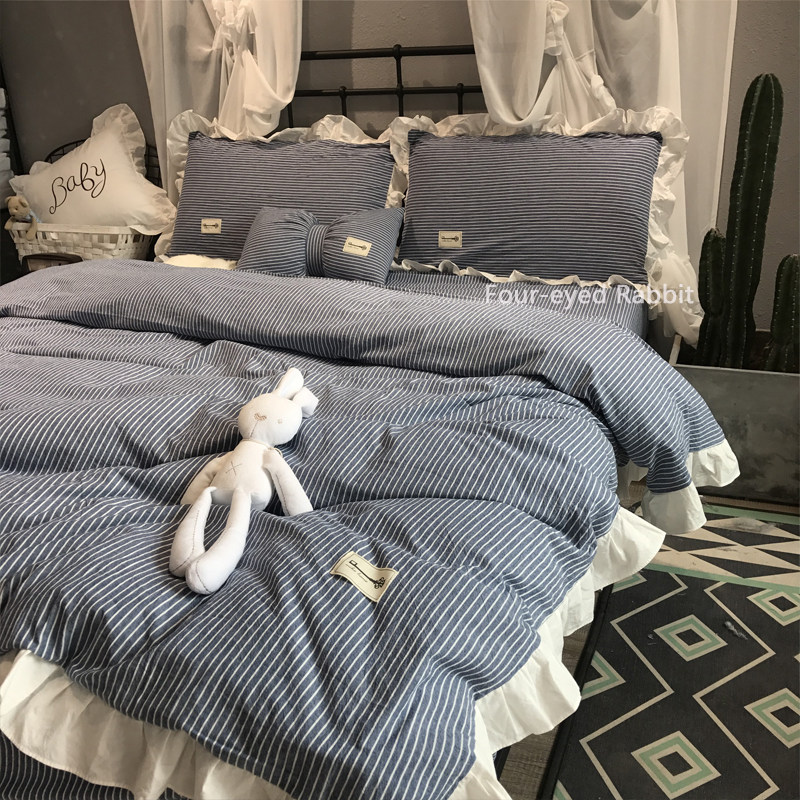 Fairy Gas Striped Lotus Leaf Lace Pure Cotton Four Pieces South Korea Wind Bed Linen Quilt Cover All-cotton Washed Cotton Bed Bedding