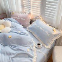 ins winter milk suede solid small flowers warm four sets teenage girl hearts Korean style lace coral suede thick quilt cover