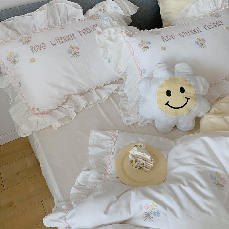 Cream Chicco Korean heavy industry double leaf lace all cotton four pieces of pure cotton embroidery bedding