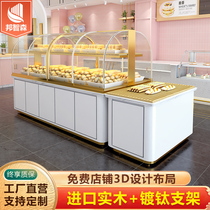 Bread display cabinet Nakajima side cabinet Cake shop model cabinet Curved glass stainless steel titanium plated pastry display counter
