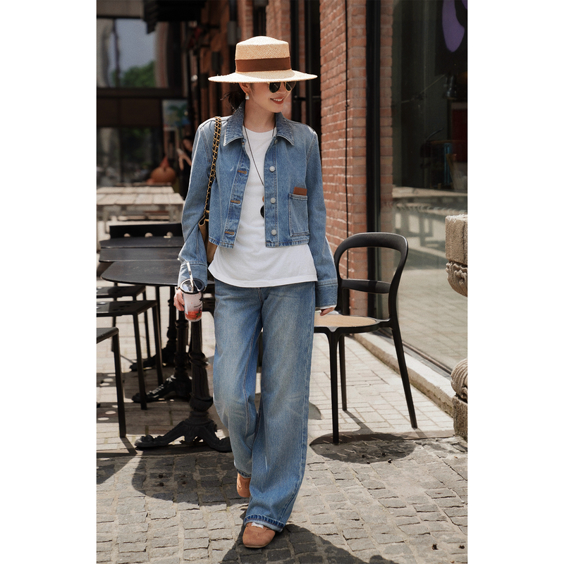 Lmuni Fa European Imported Retro Fashionable Short Denim Jacket/Casual Straight-Leg Jeans Set Lmuni Fa European Imported Retro Fashionable Short Denim Jacket/Casual Straight-Leg Jeans Set