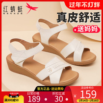 Red Dragonfly Leather Mother Sandals 2022 Summer New Wedge Ladies Soft Sole Comfortable Flat Middle-aged and Elderly Womens Shoes