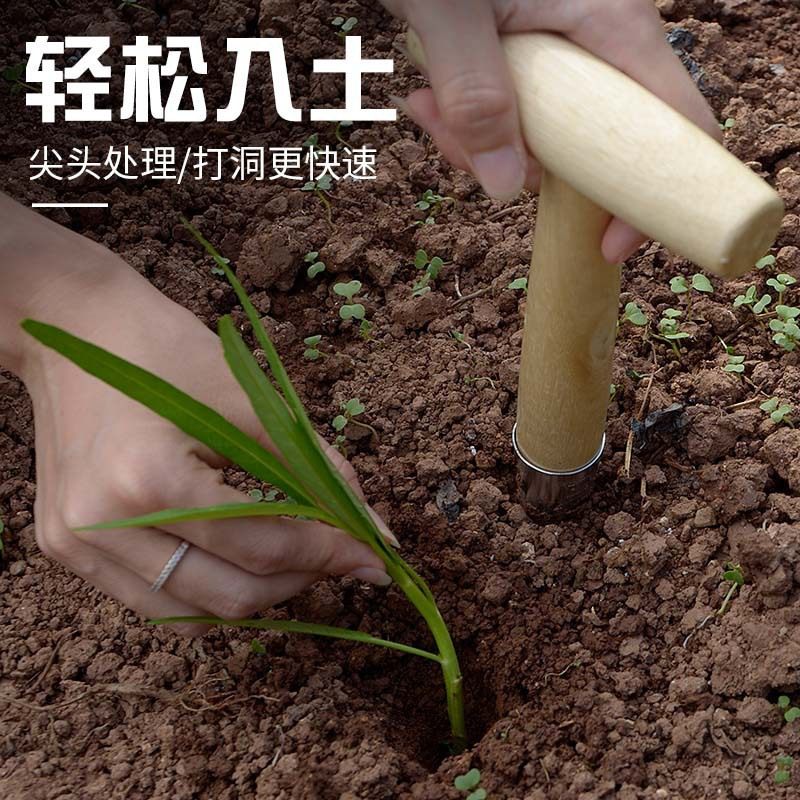 Garden Tool for Home Gardening, Small Tool for Making Holes in Soil with Wooden Handle and Pointed Tip, for Planting Vegetables and Flowers, Fertilizing, Seedling Cultivation, Transplanting, Soil Drilling Machine