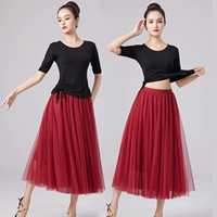 Черный модальный средний рукав+винная красная сетка юбка пряжи