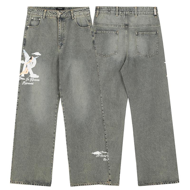 Represent Jeans Angel Print Straight Washed Loose American High Street Pants Pants Young Men and Women