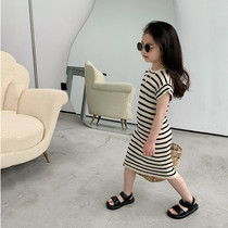 Korean girls dress with striped dress summer Yang baby baby baby babys buttocks long vest dress children knit princess