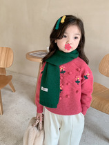 Girls sweater 2022 winter autumn thickened Korean version of the foreign style baby flower top childrens knitted sweater coat
