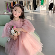Girls Sweet Dress 2022 Early Autumn Dress Western-style Little Fairy Mesh Puffy Princess Dress Puff Sleeve Dress Skirt