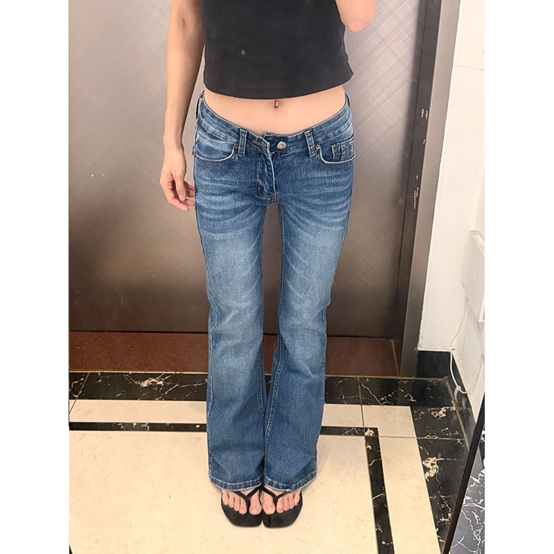 Vintage Girl, Retro Niche Design, Sweet and Spicy Low-Waisted Tight-Fitting Bodycon Washed Flared Denim Floor-Length Pants, Extended Length Vintage Girl, Retro Niche Design, Sweet and Spicy Low-Waisted Tight-Fitting Bodycon Washed Flared Denim Floor-Length Pants, Extended Length