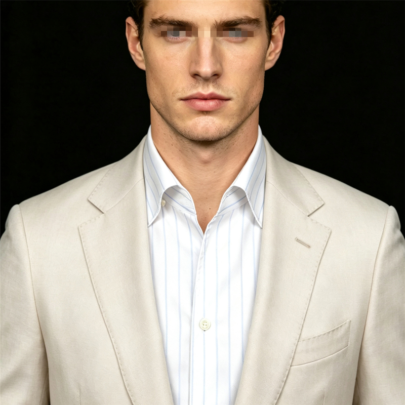 Italian-Style One-Collar Shirt with Fixed Collar Buttons, Spring and Summer Pure Cotton Casual Men's Shirt with Shell Buttons for Seaside Vacation