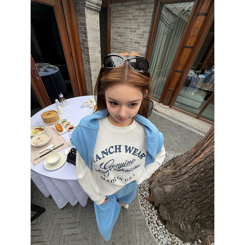 Good Morning, Fanfan! Get Out in Seconds!!! !】Effortlessly Comfortable to Wear, Two Versions of Print, Loose Waffle Knit Sweatshirt