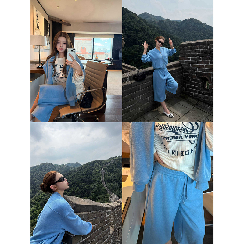 Good Morning, Fanfan, "Energy Field" Chillin' Sweatshirt Set: Baseball Collar Sweatshirt Jacket + Drawstring 7/8 Pants