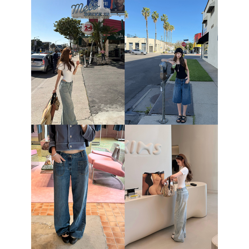 Good Morning, Fanfan, the "Divine Low Waist" with an Amazing Waist-To-Hip Ratio, Pocket Stitching, Loose Denim Long Pants + Denim Mid-Length Pants