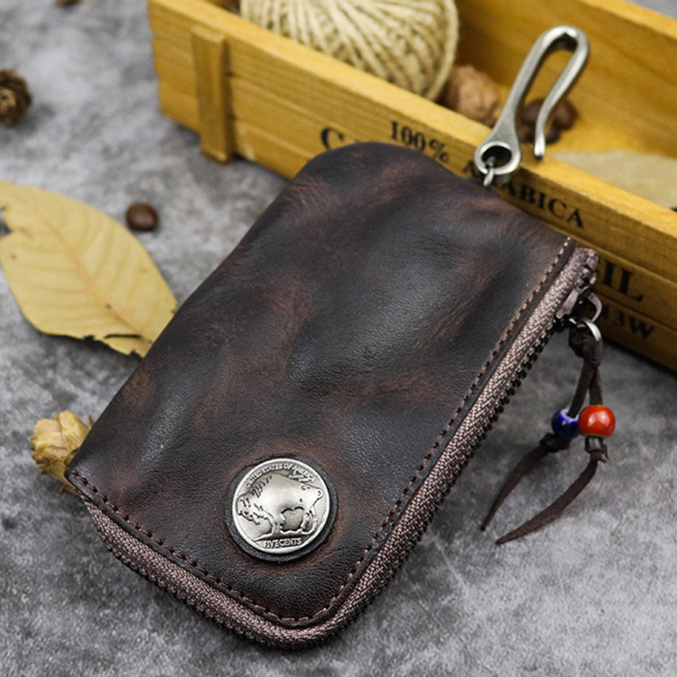 Multi-function retro header skin skin short zipper male waist hanging portable car coin key pack coin pack