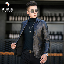 Henning Genuine Leather Suit Man Short style Body Pure Bull Leather Jacket Mens Leather Suit Casual Embroidered Leather Jacket Tide