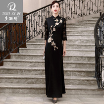 Doriqi performance Cheongsam dress Long long-sleeved black dress Banquet Qi robe womens autumn and winter catwalk Cheongsam dress