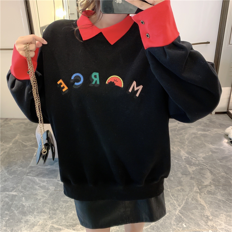 VK旗艦店 韓國風寬鬆撞色Polo領假兩件字母刺繡長袖上衣