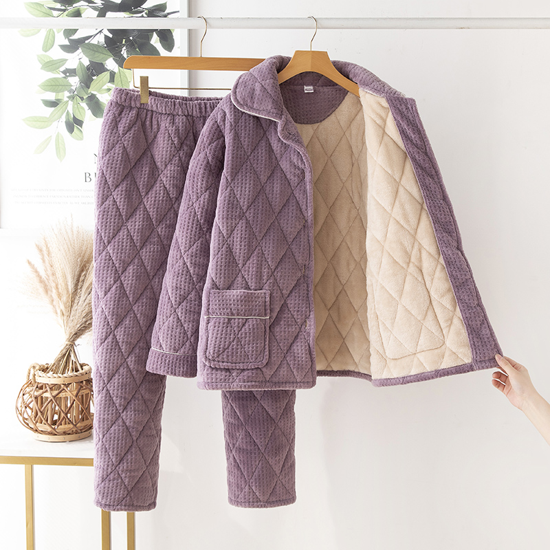 Autumn and winter women's 2023 new plus velvet thickened three-ply clip cotton winter style Coral Suede Mom Pyjamas women's home clothes-Taobao