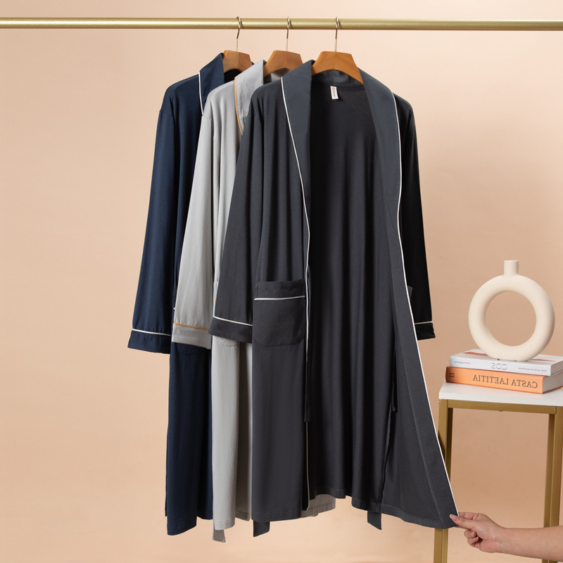 Summer Men's Modal Cotton Pajamas, Ice Silk Men's Long Robe, Spring and Autumn Women's Robe, Men's Bathrobe, Suitable for All Seasons