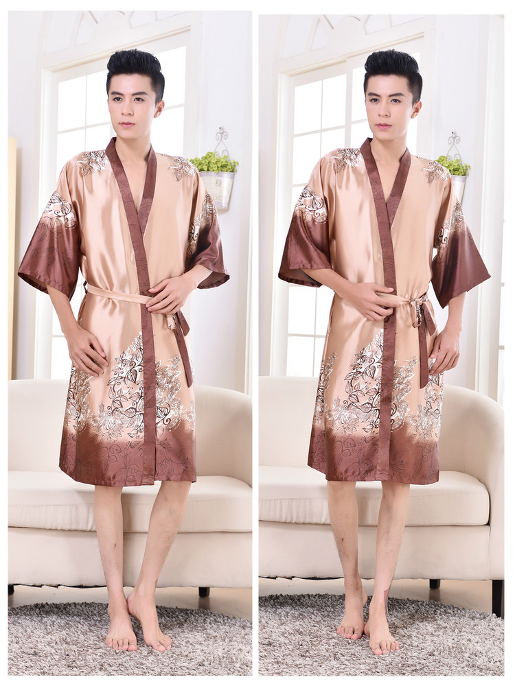 Váy ngủ nam mùa hè băng lụa ngắn tay mỏng phần áo choàng lụa gợi cảm nam dài phần XL đồ ngủ lụa áo tắm nam nữ