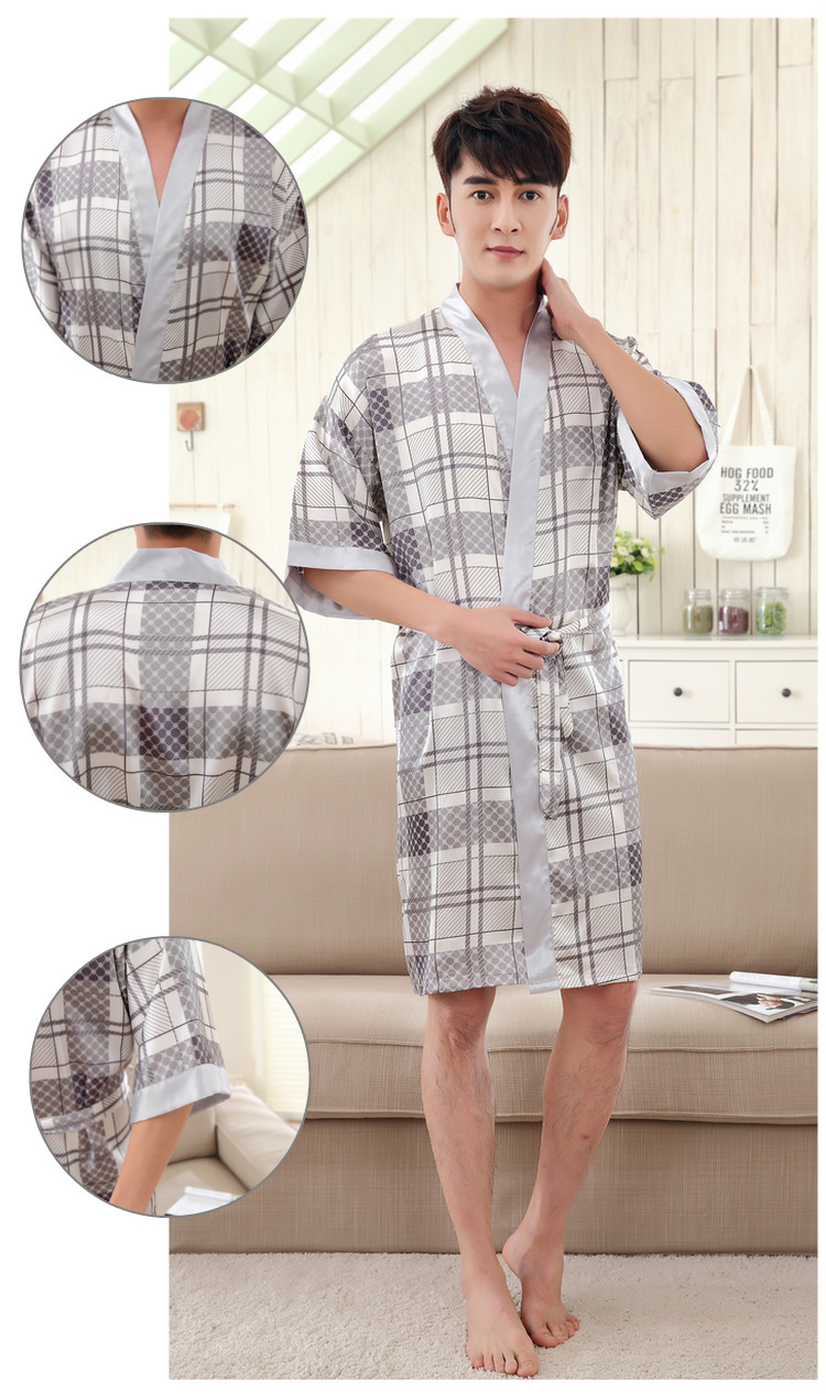 Váy ngủ nam mùa hè băng lụa ngắn tay mỏng phần áo choàng lụa gợi cảm nam dài phần XL đồ ngủ lụa áo tắm nam nữ