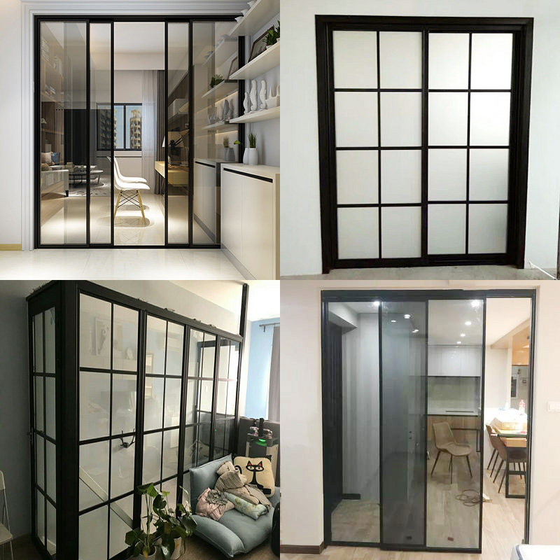Black narrow frame sliding door custom kitchen powder room balcony aluminum magnesium titanium alloy glass partition sliding door custom
