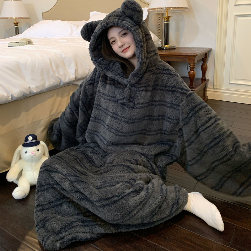 Gray High-End Striped Coral Velvet Nightgown for Women, Winter Thickened Loose Hooded Robe, Winter Warm Pajamas