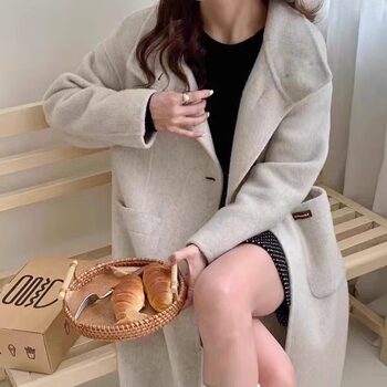Korean style temperament autumn and winter new horn button double-sided cashmere coat loose and slim mid-length woolen coat for women