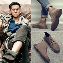 European Station Men Shoes Spring Wave Shoes Han Edition Martin Boot Mens Gang Inron craze Mens High Help genuine leather short boots