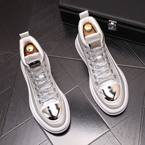 Mens shoes Water drill New trends Mens high helps board shoes gold shoes Painted Leather Interior Heightening Silver Shoes Fashion Short Boots