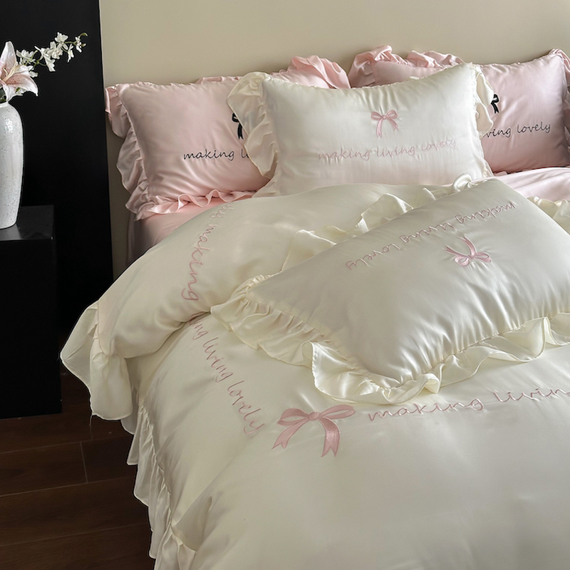 Cotton's Dream |   French Sweet Girl Pure Cotton Four-Piece Set Autumn and Winter Embroidered Quilt Cover for Sleeping Naked All-Cotton Girl Bedding