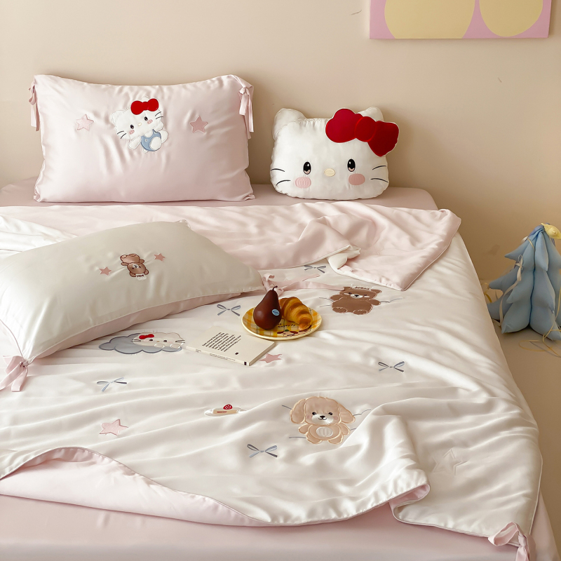 Cute Style Kt Cat Tencel Summer Cooling Quilt Four-Piece Set for Spring and Summer, Lyocell Washable Cool and Silky Air-Conditioning Thin Quilt
