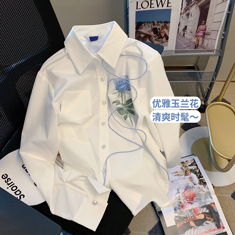 Design-Focused, Unique Rose-Patterned, Distinctive Workwear-Style White Shirt for Men and Women, Suitable for Spring and Autumn, with a High-End, Relaxed, Long-Sleeved Shirt