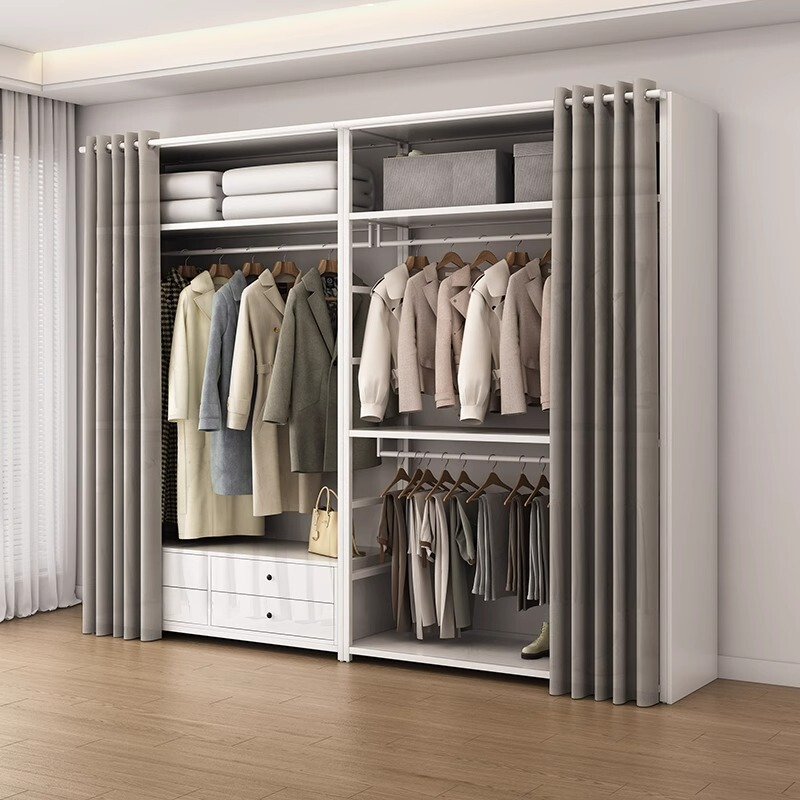 Walk-In Coat Rack LAOSHU Assembled Metal Frame Storage Rack Home Iron Art Double-Layer Floor-Standing Wardrobe with Curtain