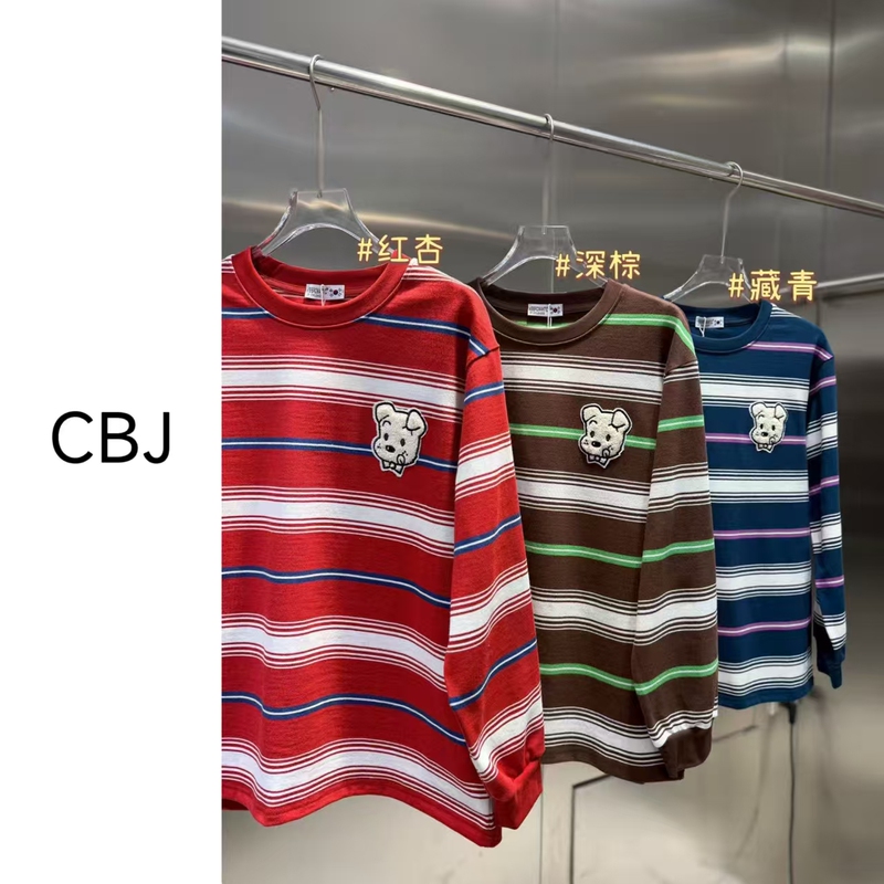 Pure Cotton Striped Towel Embroidered Cartoon Dog Long-Sleeve T-Shirt with Contrasting Stripes, Loose Casual T-Shirt