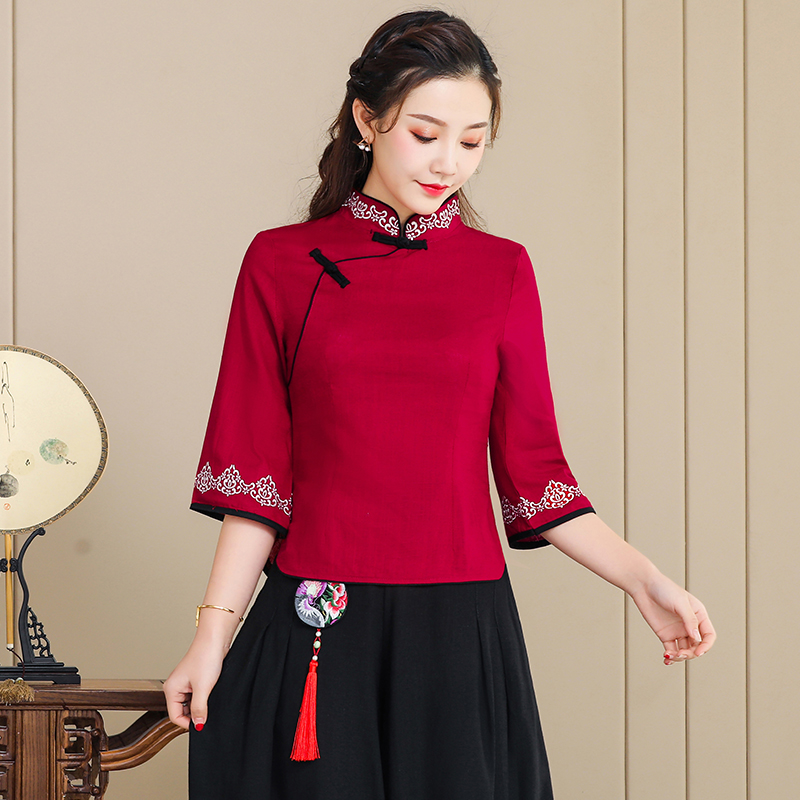 Retro ethnic style women's Chinese collar buckle cotton linen embroidery seven-point sleeve T-shirt shirt blouse set