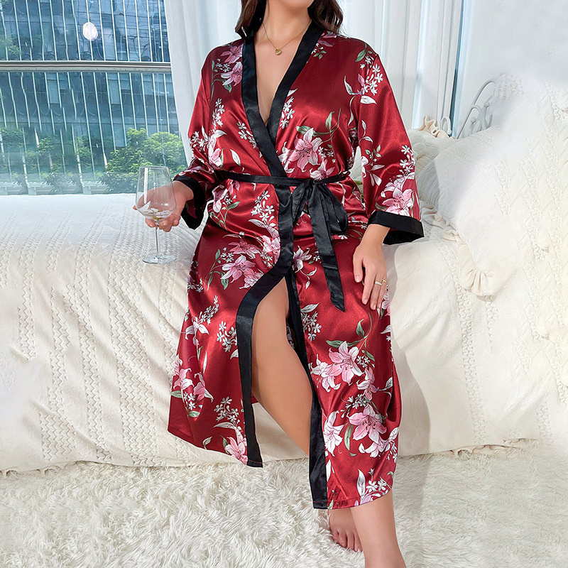 Ice Silk Nightgown Women's Spring and Summer Long 2025 New High-End Sexy Printed Lace-Up Slit Fat mm Dressing Gown Ice Silk Nightgown Women's Spring and Summer Long 2025 New High-End Sexy Printed Lace-Up Slit Fat mm Dressing Gown