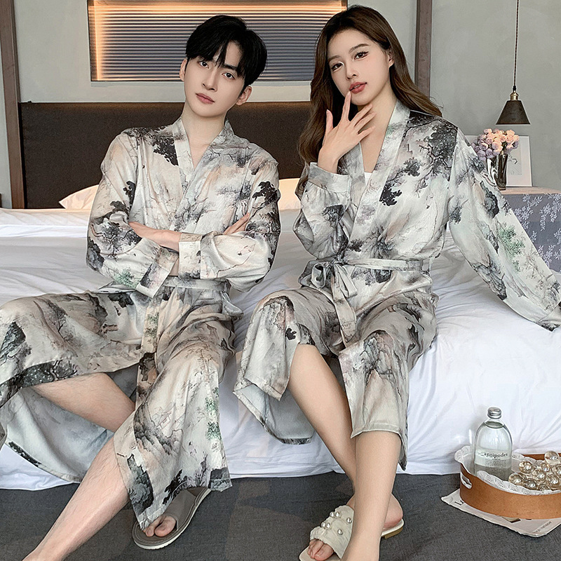 Ice Silk Nightgown for Men, Summer Thin Long-Sleeved Bathrobe, Long Ink-Style Large Size 2025 New Women's Dressing Gown