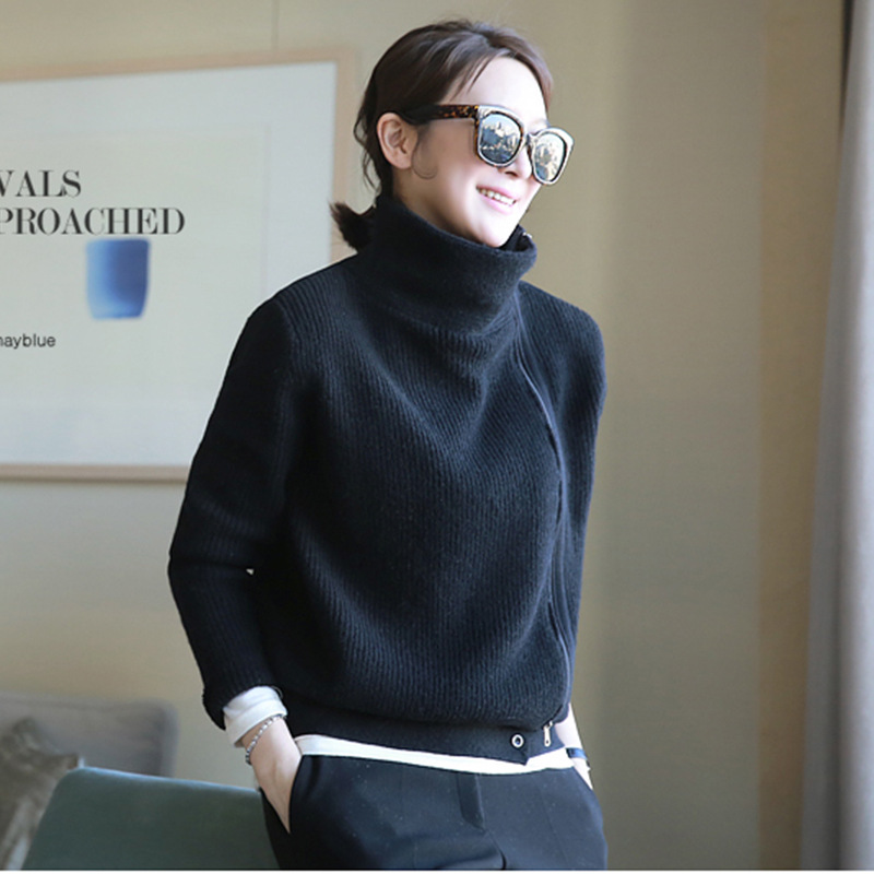 Off-season clearance spring and autumn short loose cashmere cardigan coat women's zipper long-sleeved knitted sweater turtleneck sweater coat