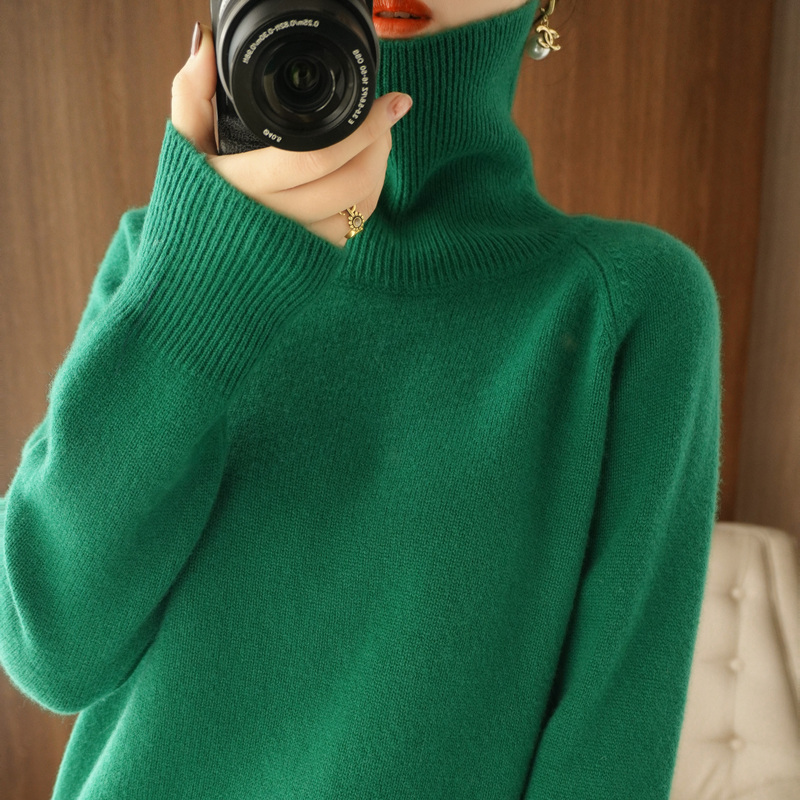 Autumn Winter High Collar Cashmere Sweatshirt Woman 100 Pure Wool Loose Thickened Knit Bottom Sleeve Head Display Slim Sweater Woman Sweater