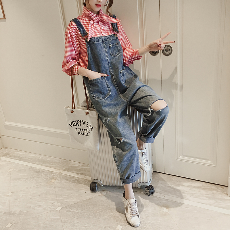Đầm xòe denim yếm nữ mùa hè 2018 mới rộng cỡ lớn chất béo rộng mm quần ống rộng chín thẳng quần áo nữ